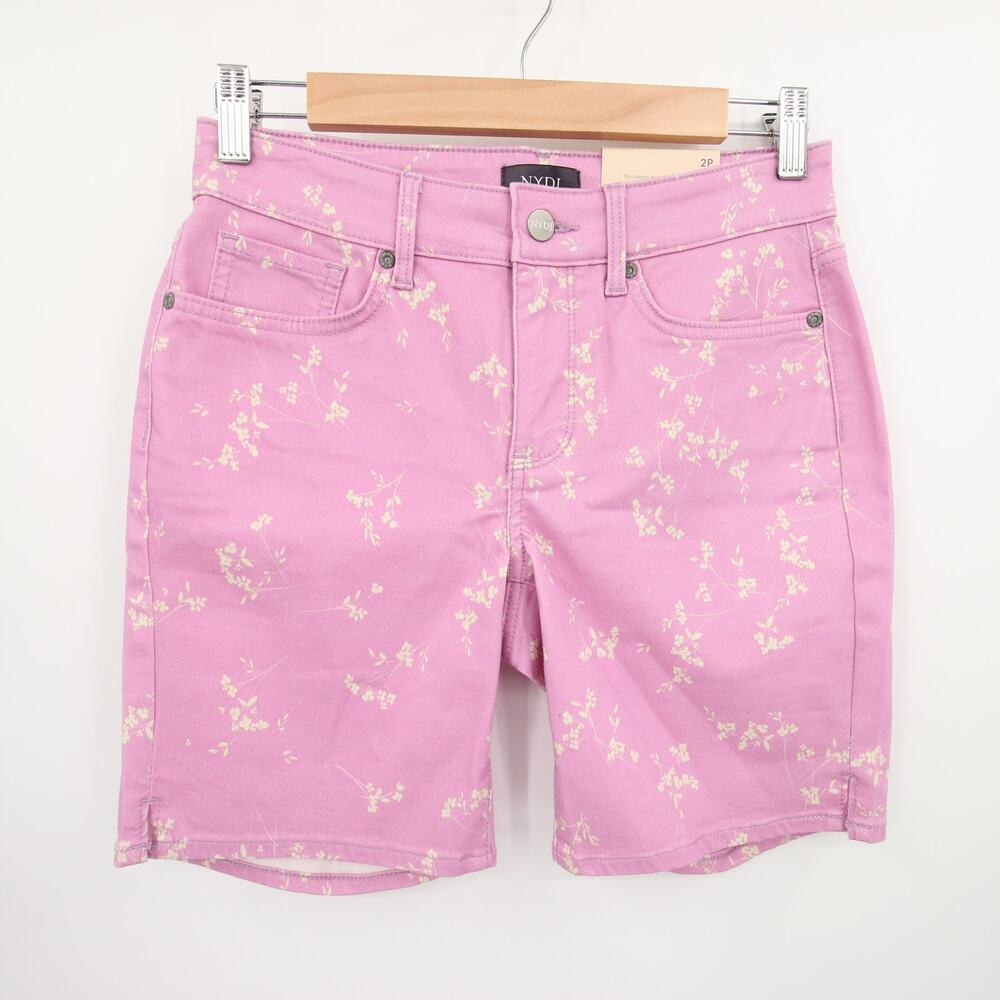 NYDJ Shorts Purple White Floral Pattern Ella Sideseam Slits Bermuda Shorts 2P